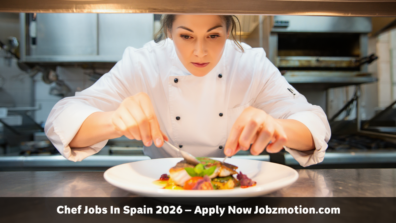 Chef preparing food in a modern Spanish restaurant kitchen with bottom banner text “Chef Jobs In Spain 2026 – Apply Now Jobzmation.com”