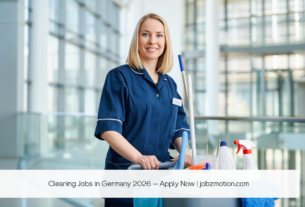 Professional Cleaner in a modern German office or hotel holding Cleaning supplies, with text box: “Cleaning Jobs in Germany 2026 – Apply Now | jobzmotion.com.”
