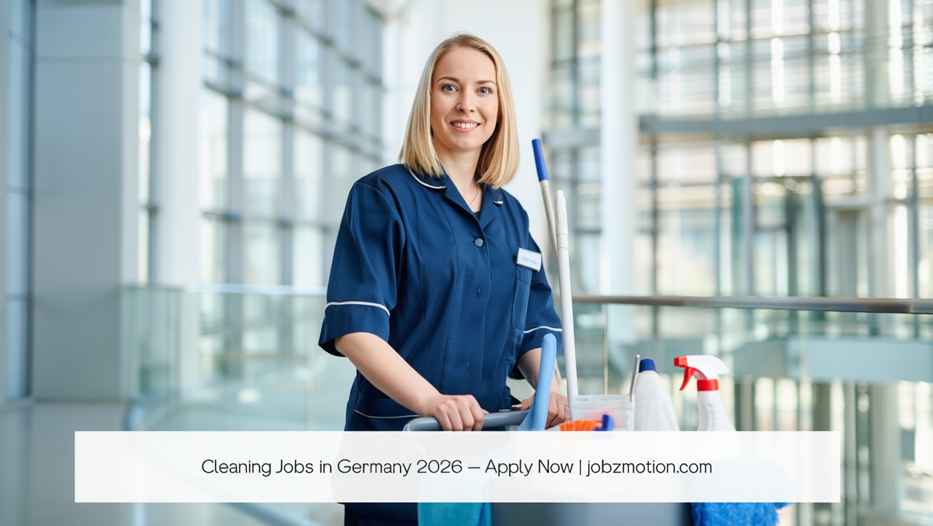 Professional Cleaner in a modern German office or hotel holding Cleaning supplies, with text box: “Cleaning Jobs in Germany 2026 – Apply Now | jobzmotion.com.”