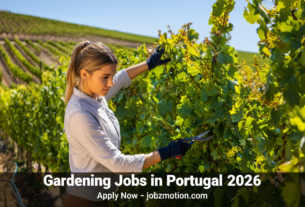 Gardener working in a vineyard landscape in Portugal with banner text “Gardening Jobs in Portugal 2026 – Apply Now”