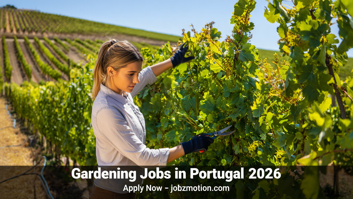 Gardener working in a vineyard landscape in Portugal with banner text “Gardening Jobs in Portugal 2026 – Apply Now”