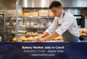 Minimalistic bakery with fresh breads and pastries, reflective banner reads “Bakery Worker Jobs in Czech Republic 2026 – Apply Now | jobzmotion.com.”